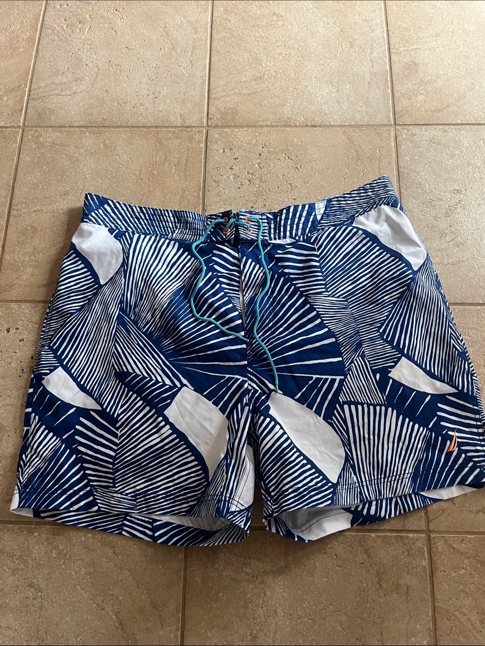 Nautica Navy and White Geometric Swim Shorts with Drawstring and back pocket